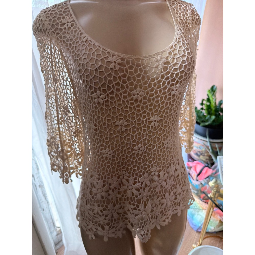 Breeze Ever Cream Floral Crochet Lace Top Sheer Boho Scoop Neck‎ Small